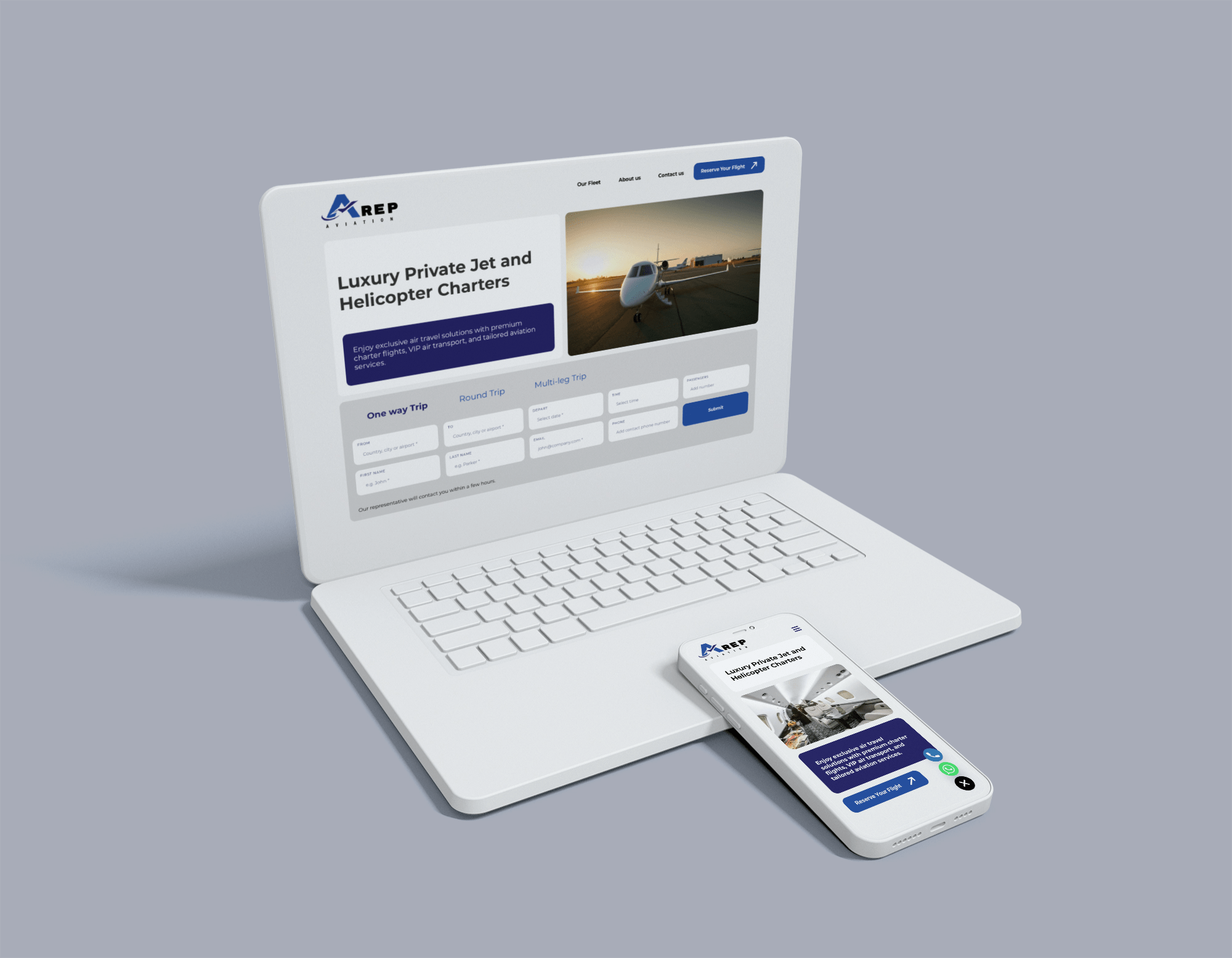 avia-rep.com - Luxury Private Jet and Helicopter Charters by AREP Aviation Mockup 01 - HERMIT - Bespoke Web Experiences